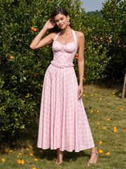 Halter Embellished Button Ruched Maxi Dress