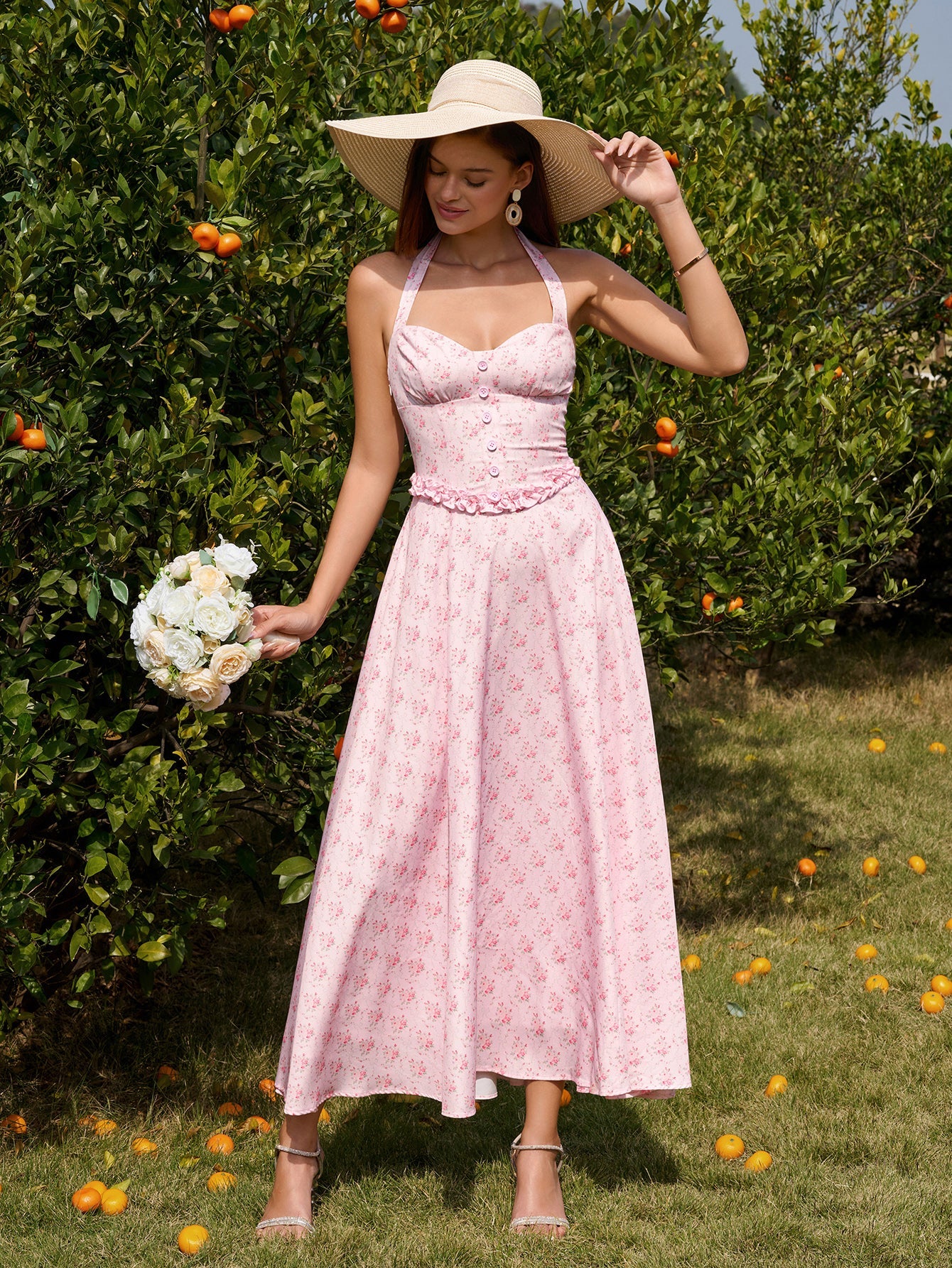 Halter Embellished Button Ruched Maxi Dress