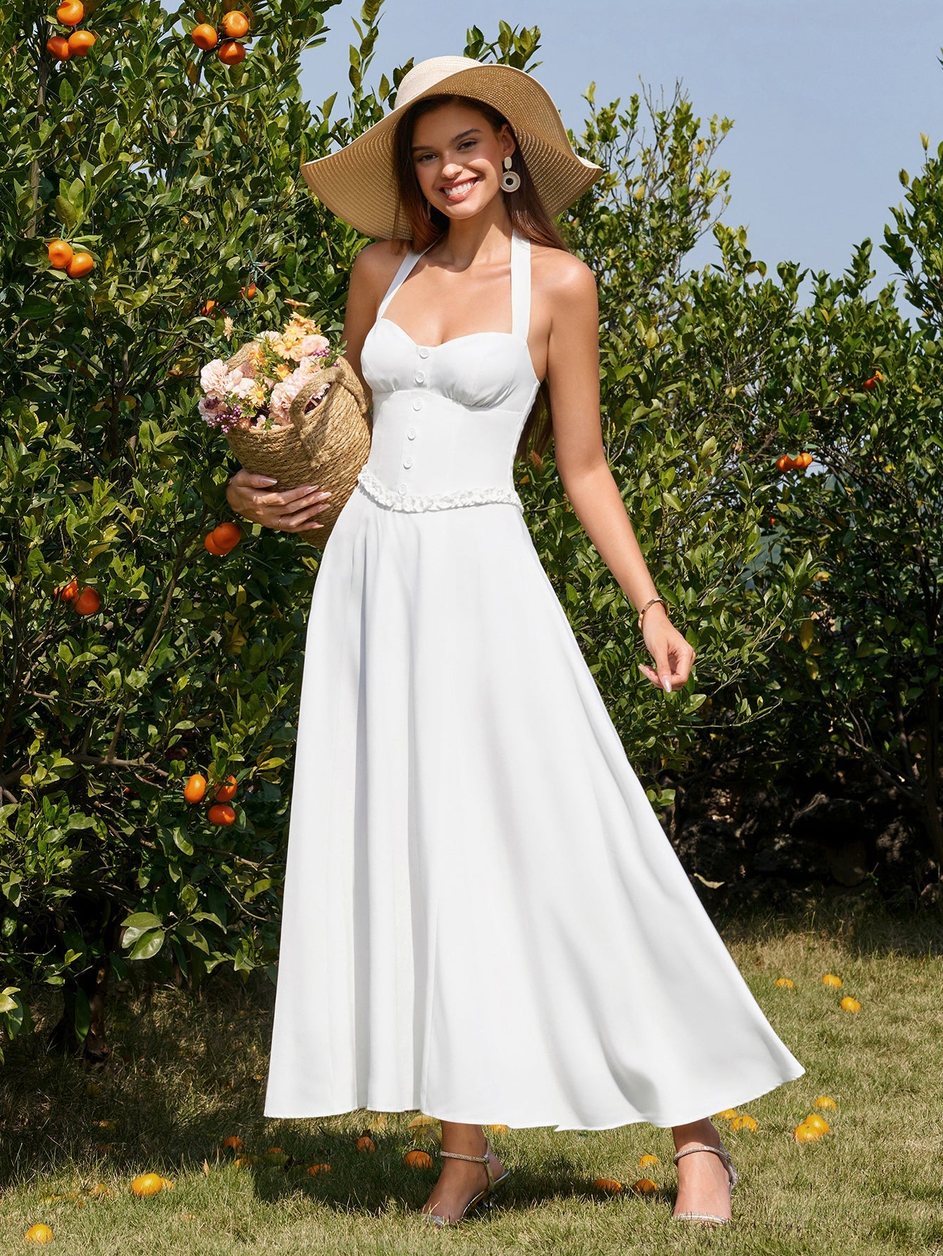 Halter Embellished Button Ruched Maxi Dress