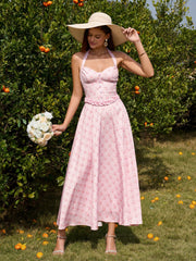 Halter Embellished Button Ruched Maxi Dress