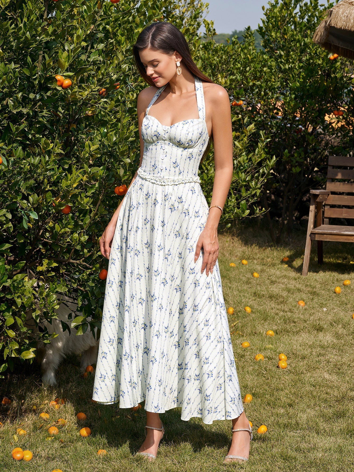Halter Embellished Button Ruched Maxi Dress