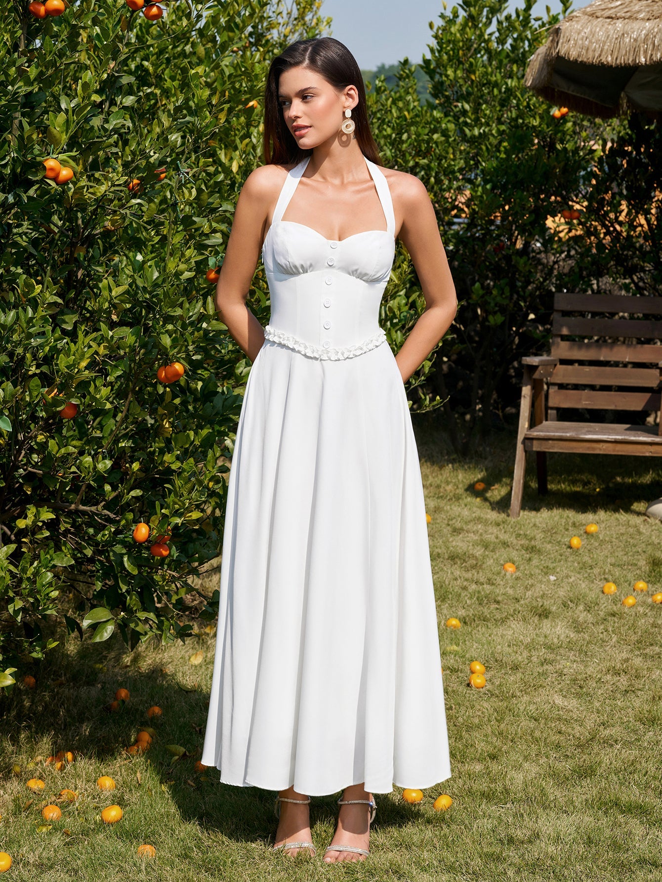 Halter Embellished Button Ruched Maxi Dress