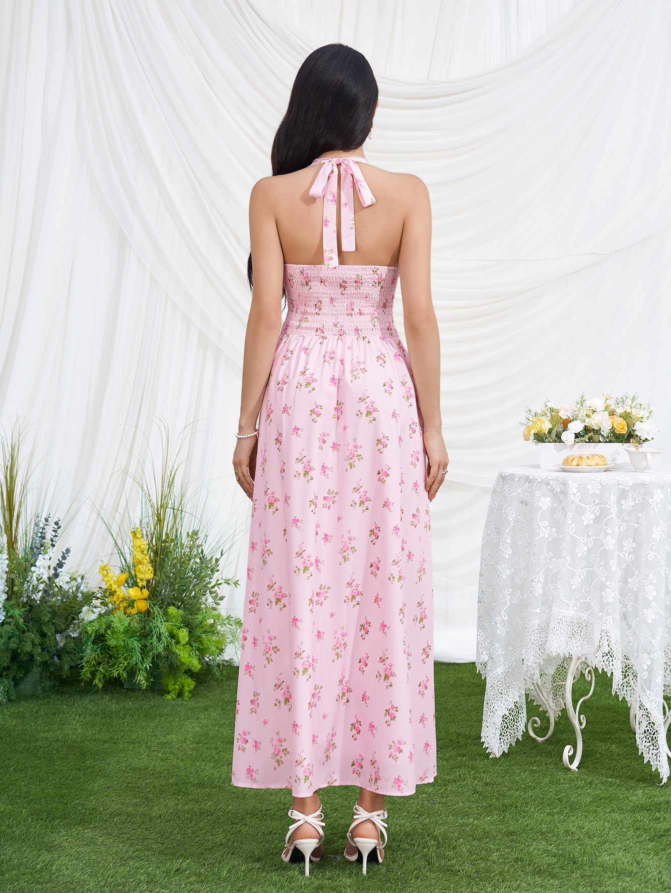 Halter Lace Trim Split Floral Print Dress