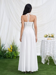 Halter Neck Backless Ruched Solid Maxi Dress