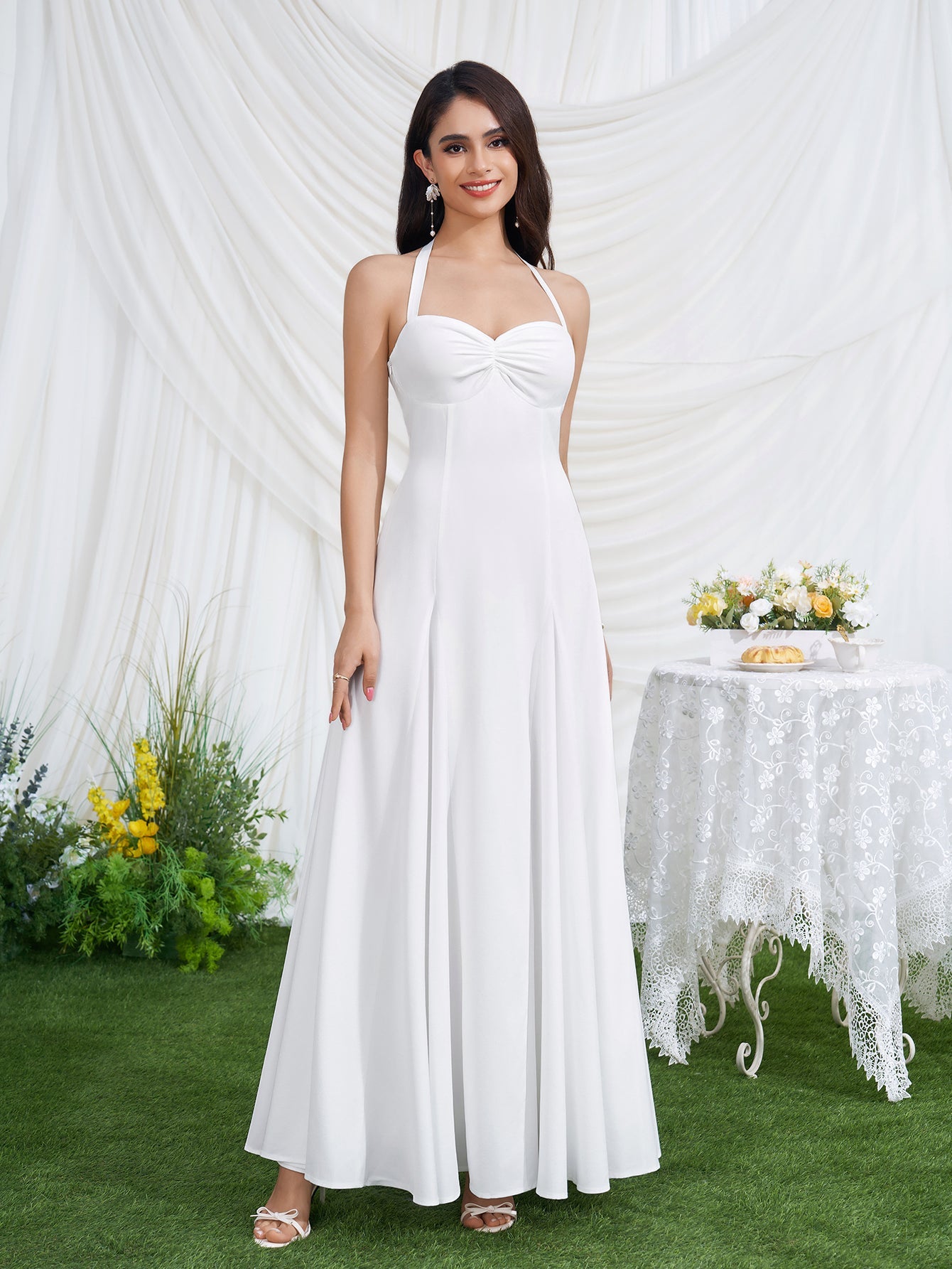 Halter Neck Backless Ruched Solid Maxi Dress