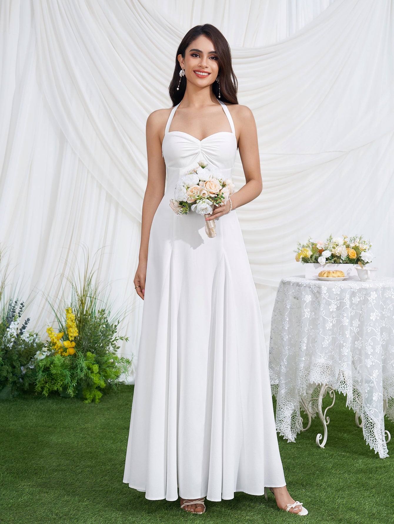 Halter Neck Backless Ruched Solid Maxi Dress