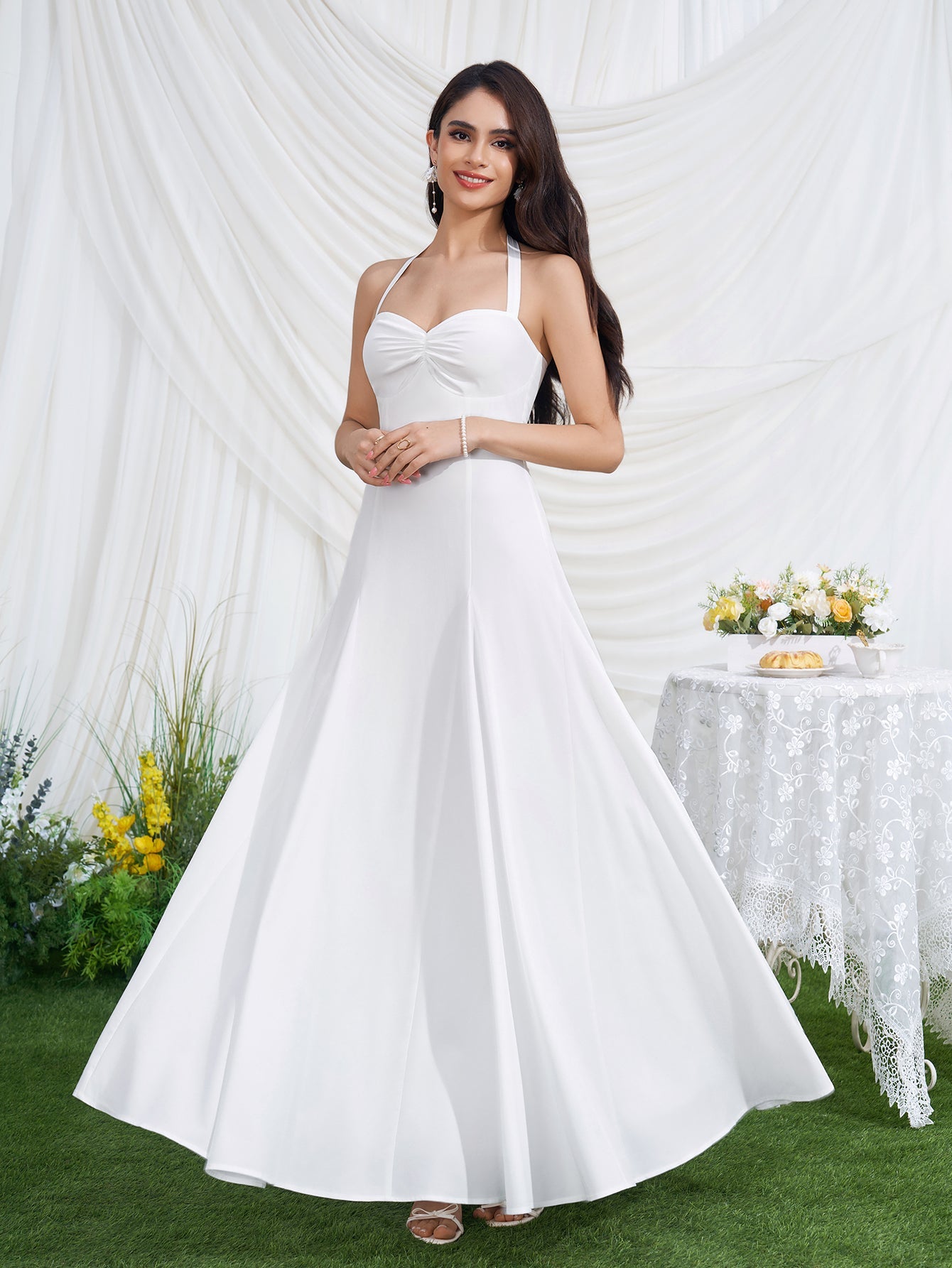 Halter Neck Backless Ruched Solid Maxi Dress