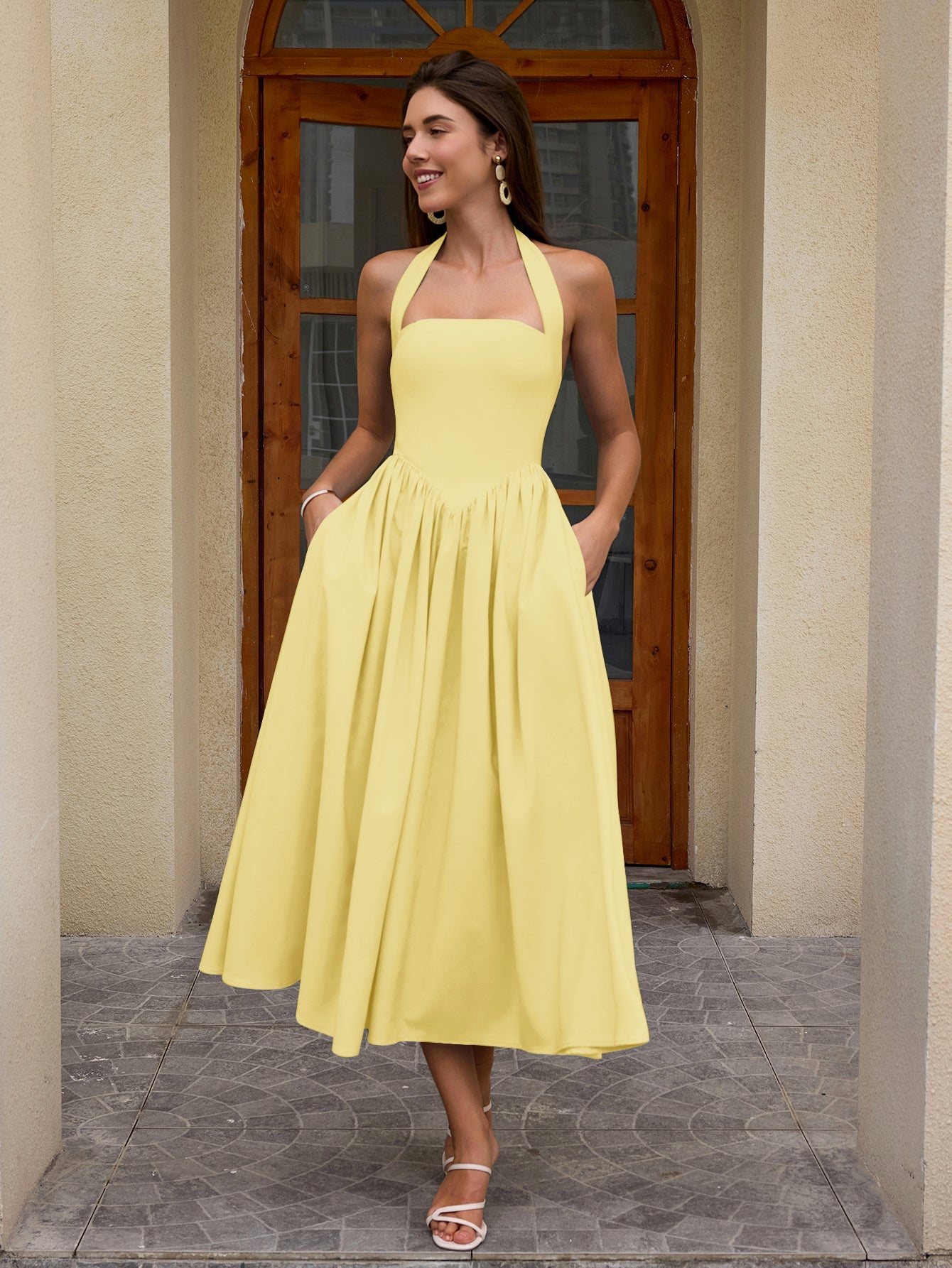 backless flared dress Halter Ruched Pocket Long – Ccpow Nina Canacci 9212 Prom subcategory2:Mini Dresses Color:Blush Straight Hem Slit