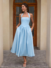 Halter Ruched Backless Flared Pocket Long Dress