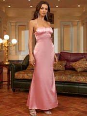 Halter Ruched Bust Satin Mermaid Dress