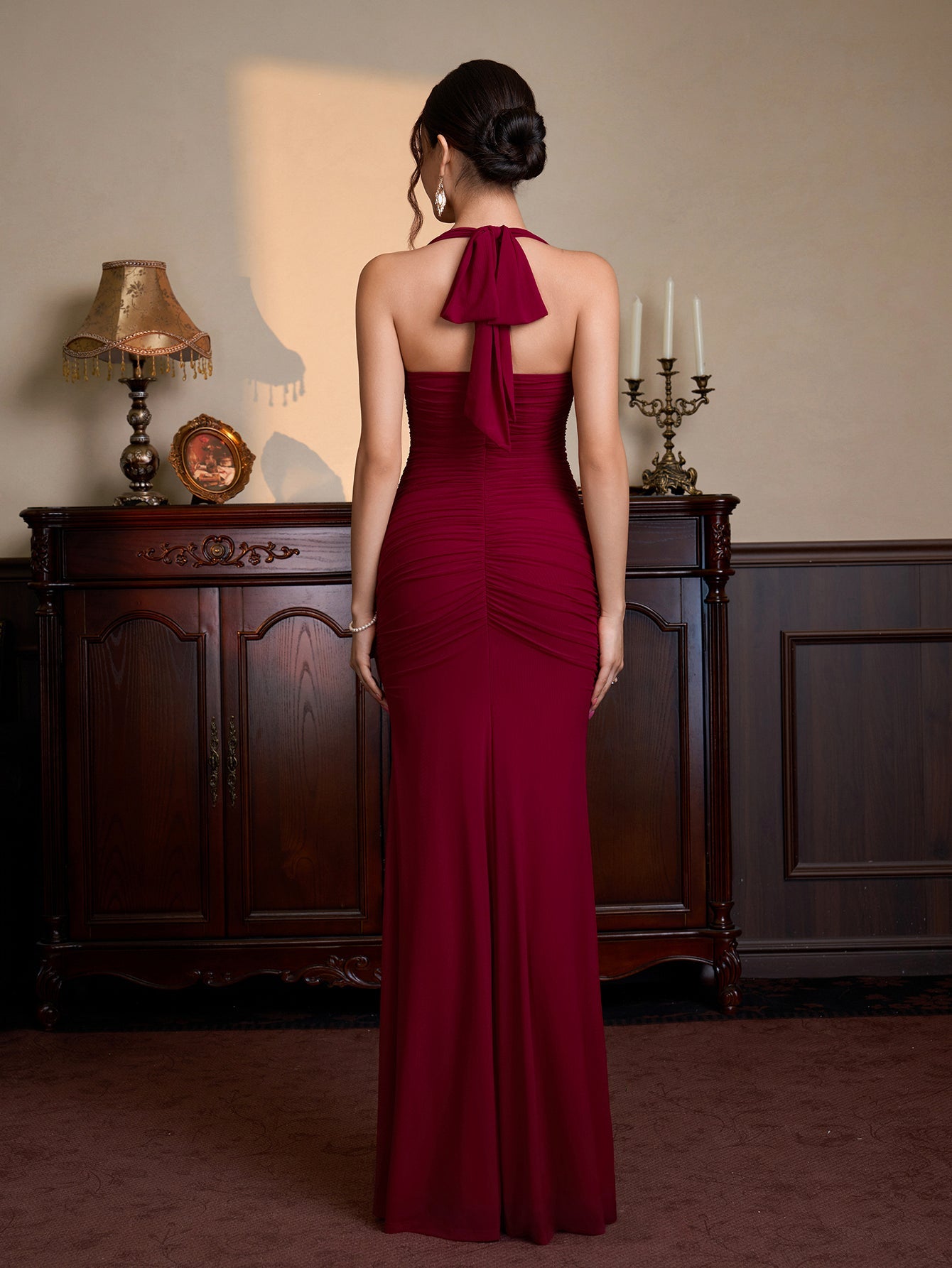 Halter Ruched Split Thigh Mesh Maxi Dress