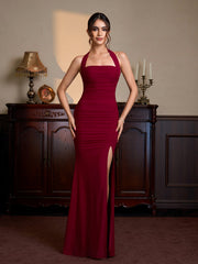 Halter Ruched Split Thigh Mesh Maxi Dress