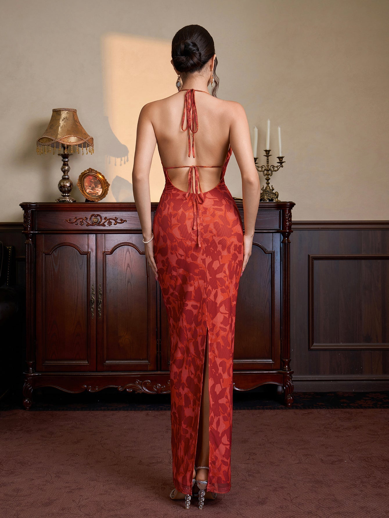 Halter Tie Back Split Floral Print Bodycon Dress