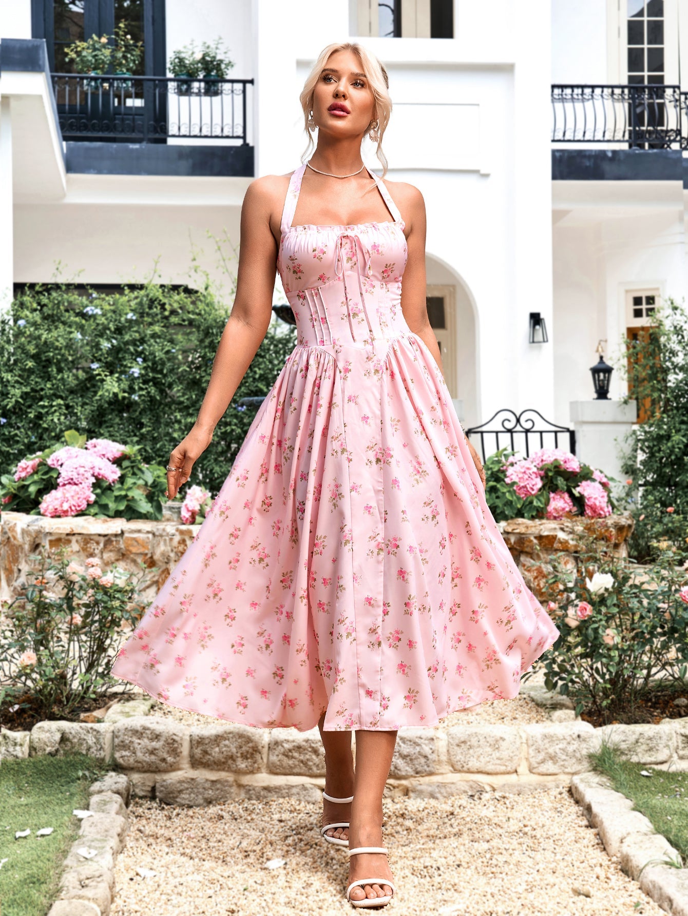 Halter Tie Smocking Floral Print Bodycon Dress