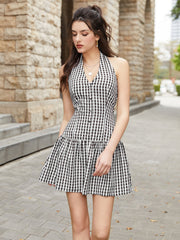 Halter V-Neck Button Flared Hem Plaid Print Dress
