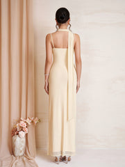Hanging Neck Ribbon Backless Ruched Mesh Dress