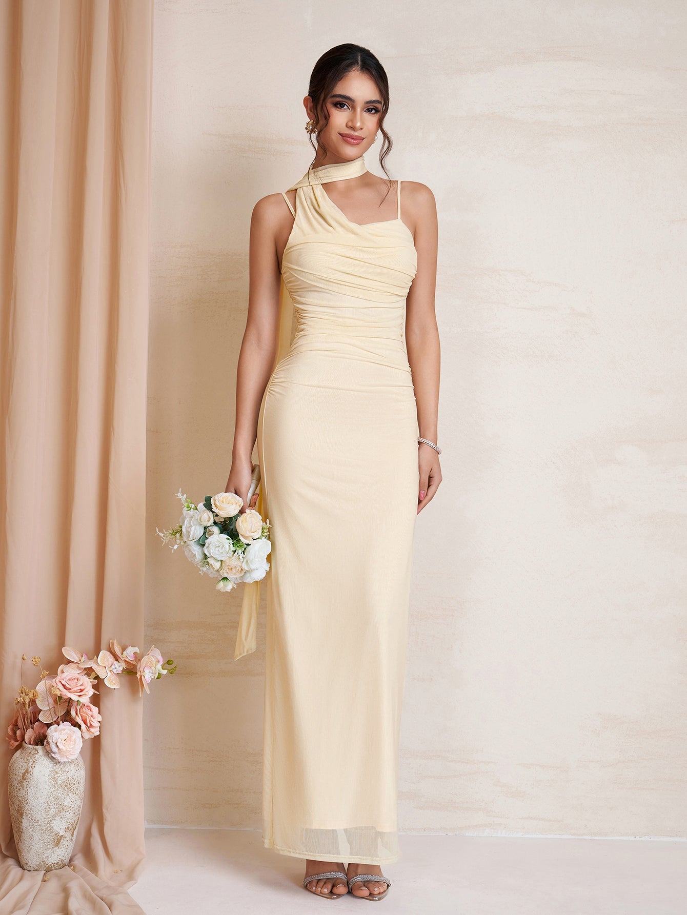 Hanging Neck Ribbon Backless Ruched Mesh Dress