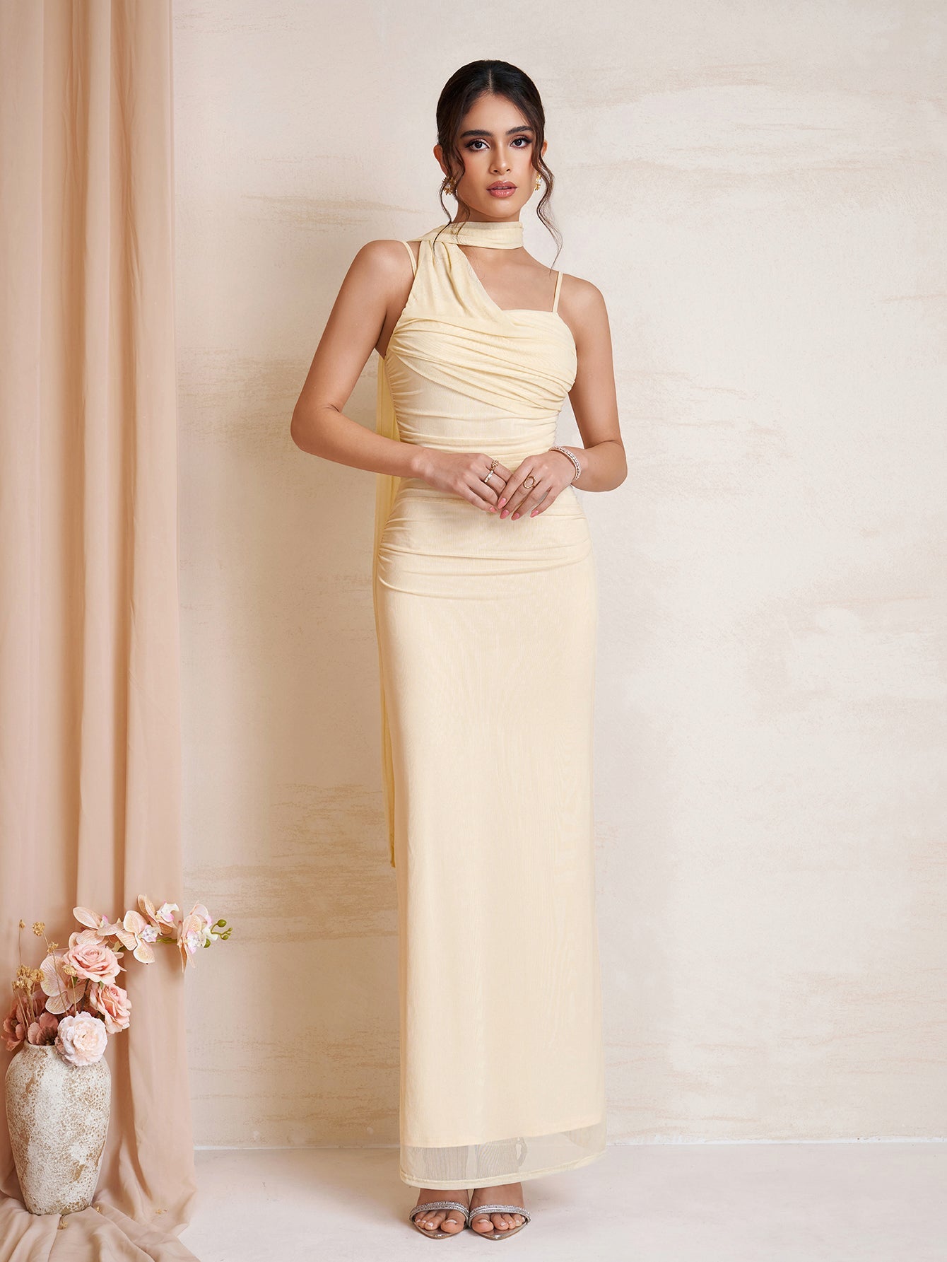 Hanging Neck Ribbon Backless Ruched Mesh Dress
