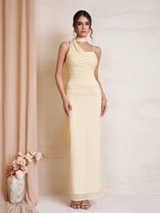 Hanging Neck Ribbon Backless Ruched Mesh Dress