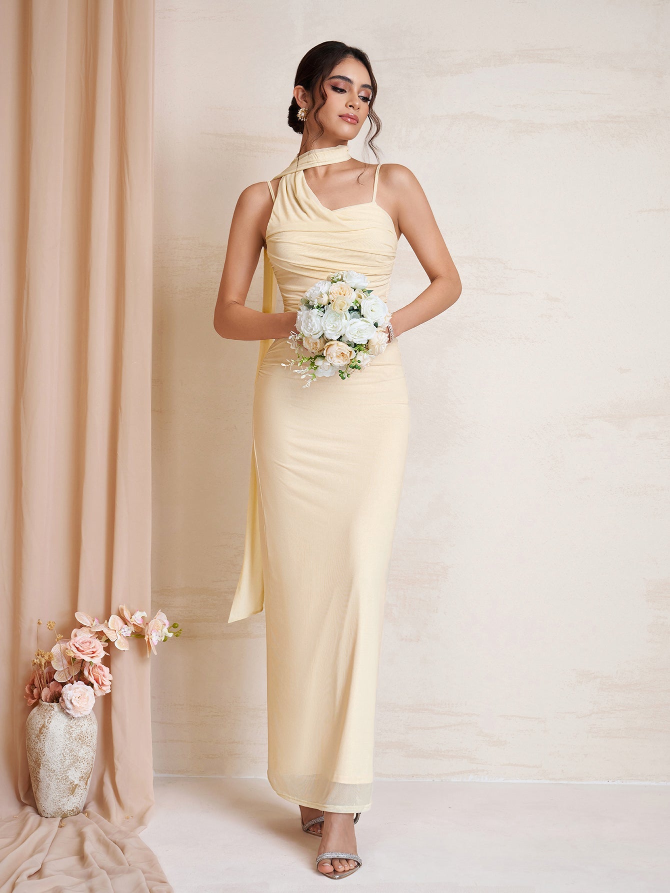 Hanging Neck Ribbon Backless Ruched Mesh Dress