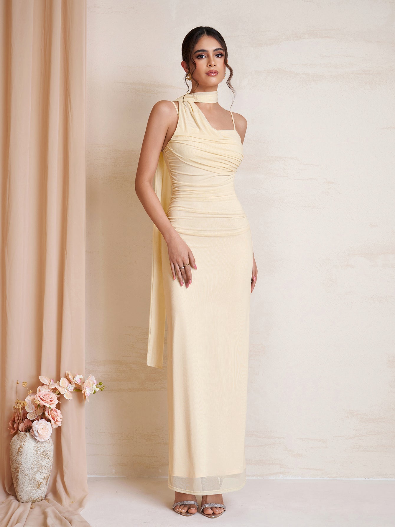 Hanging Neck Ribbon Backless Ruched Mesh Dress