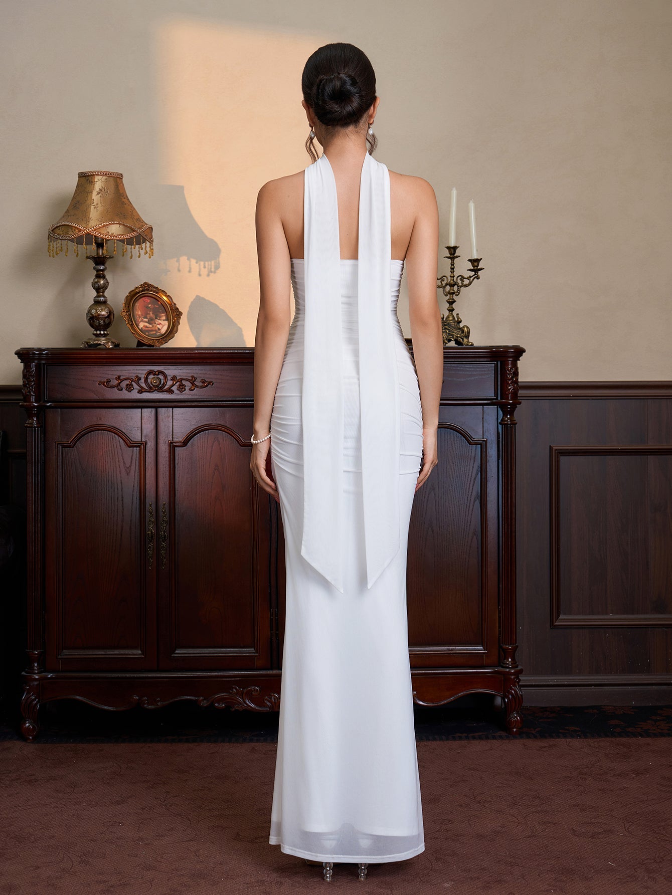 Hanging Neck Ribbon Backless Ruched Tube Dress