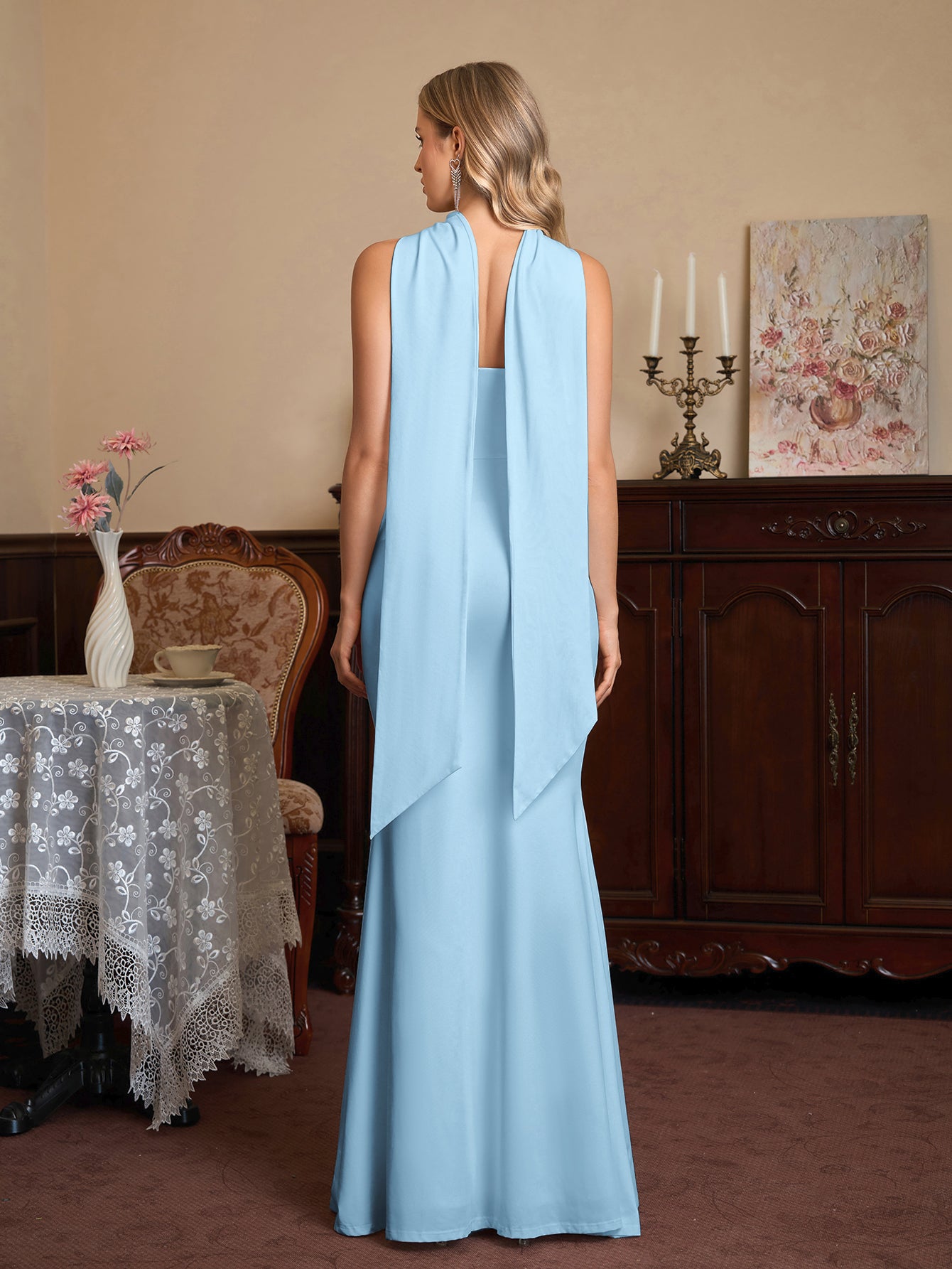 Hanging Neck Ribbon Backless Solid Tube Dress