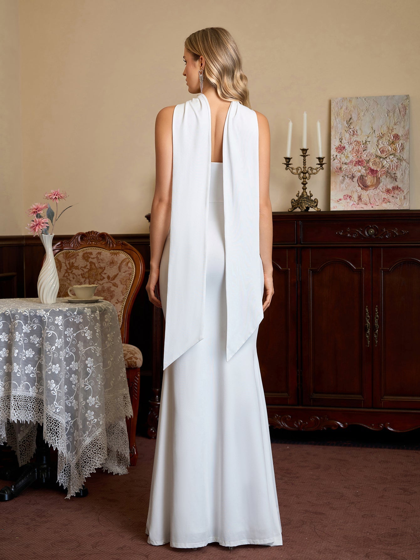 Hanging Neck Ribbon Backless Solid Tube Dress