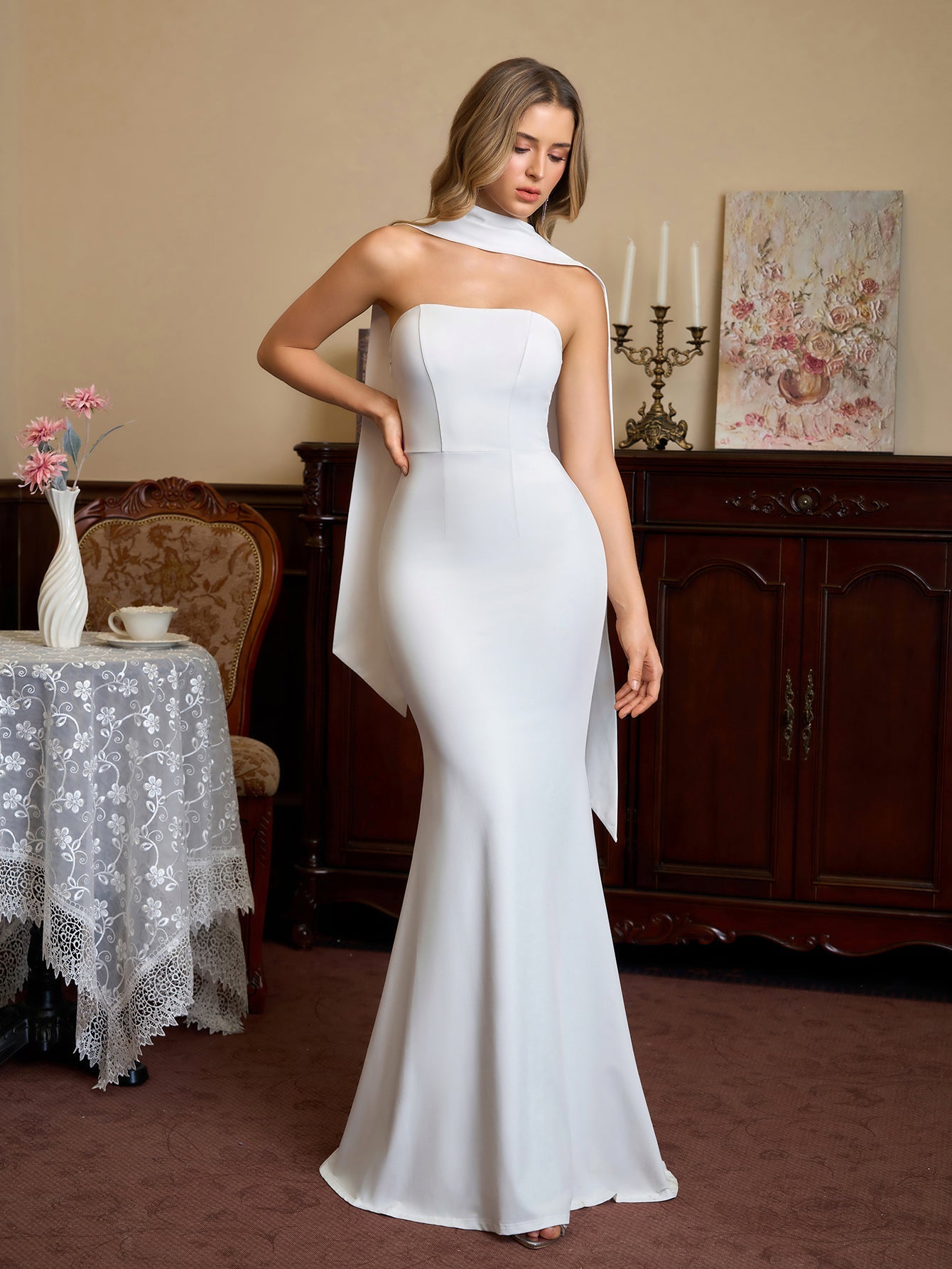 Hanging Neck Ribbon Backless Solid Tube Dress