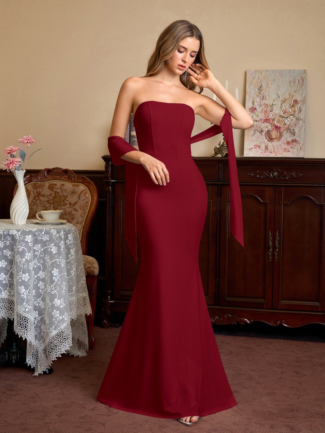 Hanging Neck Ribbon Backless Solid Tube Dress