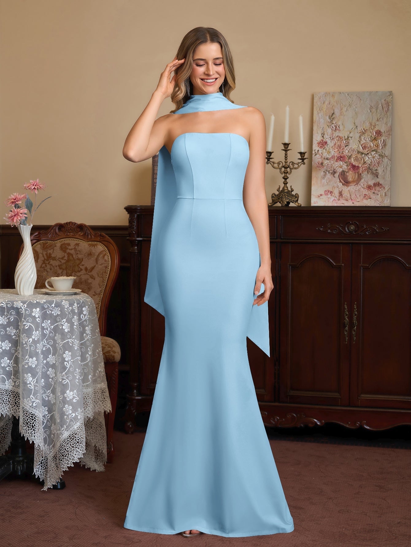 Hanging Neck Ribbon Backless Solid Tube Dress