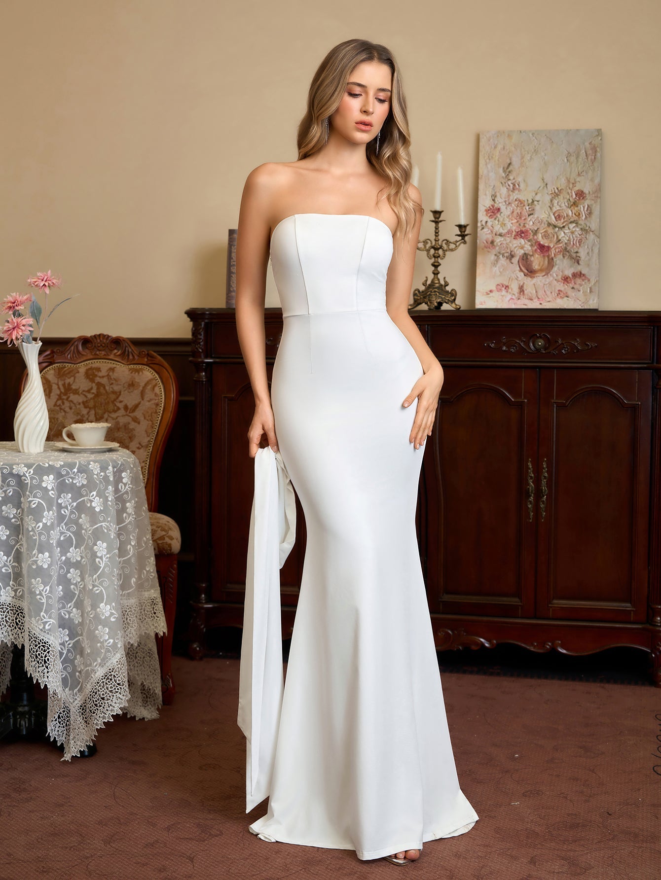 Hanging Neck Ribbon Backless Solid Tube Dress