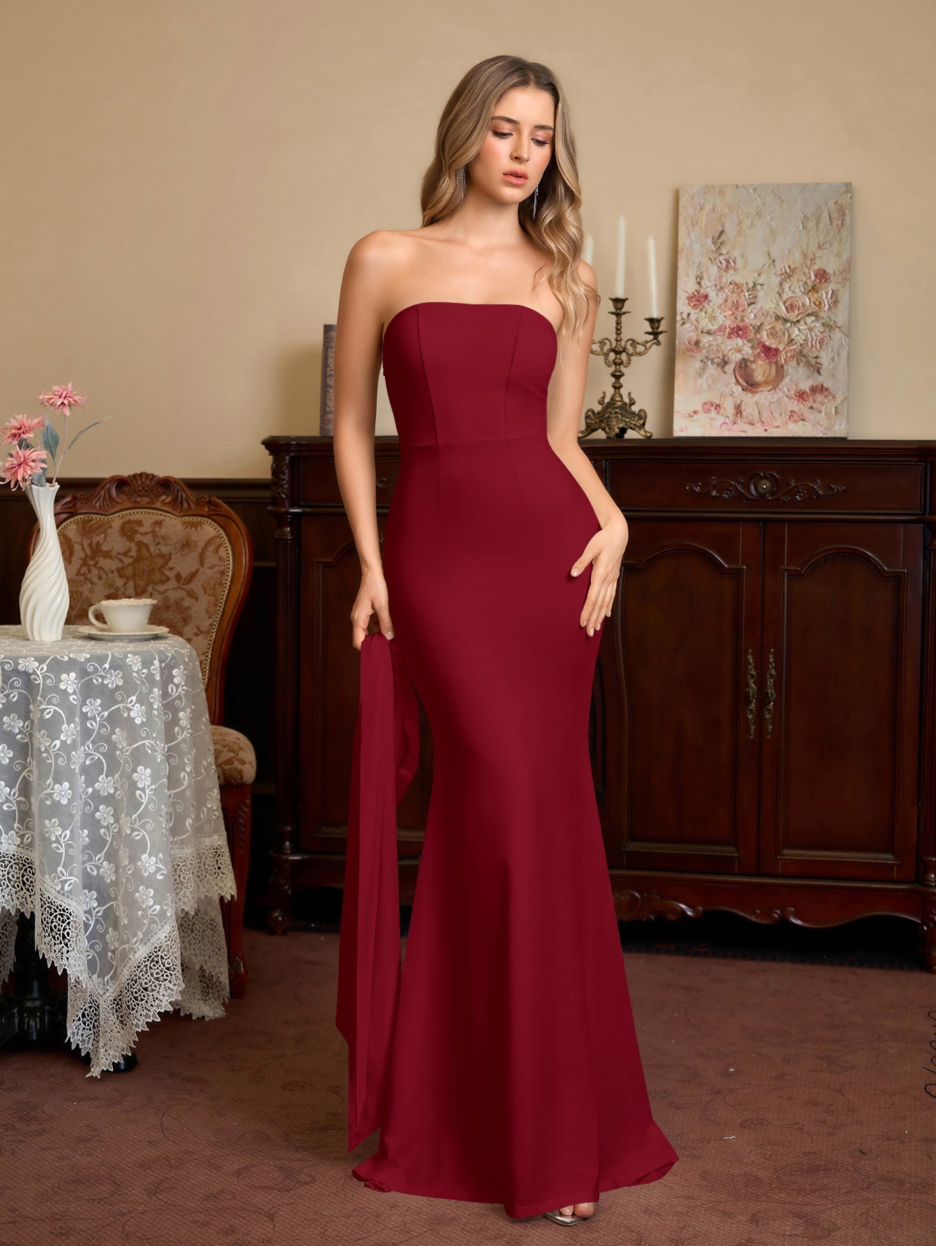 Hanging Neck Ribbon Backless Solid Tube Dress