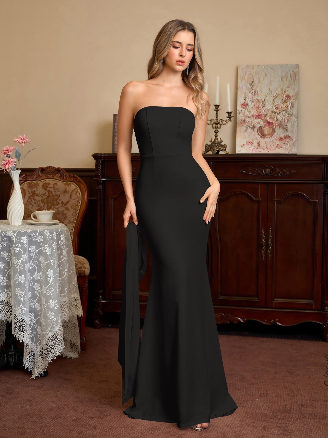 Hanging Neck Ribbon Backless Solid Tube Dress