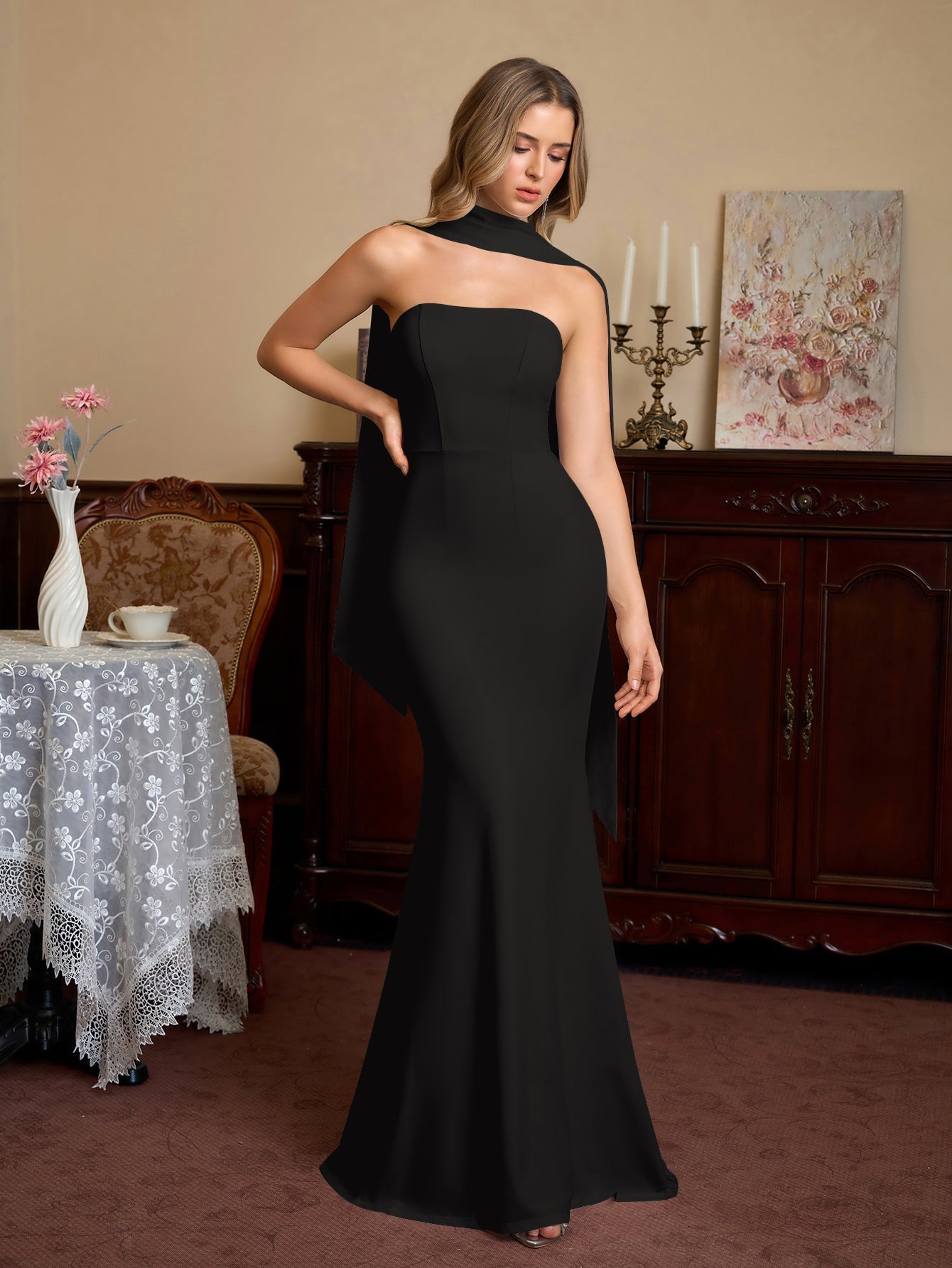 Hanging Neck Ribbon Backless Solid Tube Dress