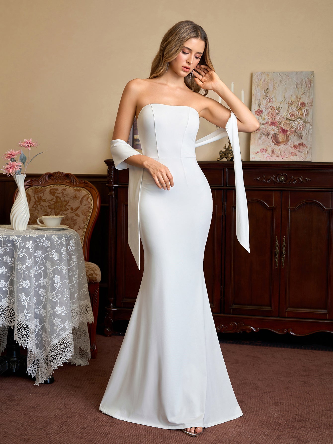 Hanging Neck Ribbon Backless Solid Tube Dress