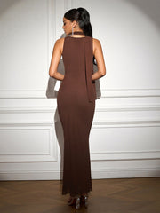 Hanging Neck Ribbon Deep V-Neck Ruched Solid Dress