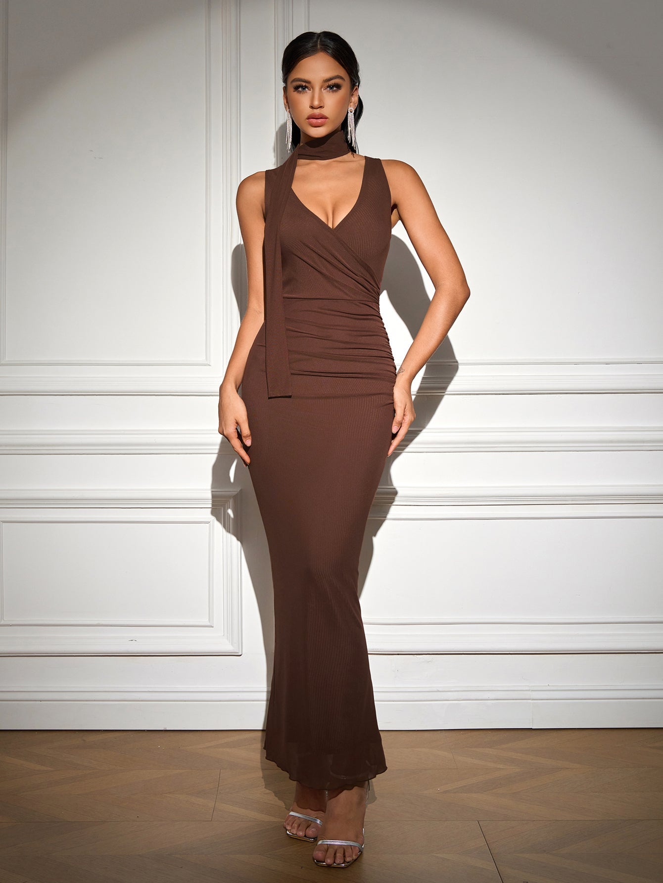 Hanging Neck Ribbon Deep V-Neck Ruched Solid Dress