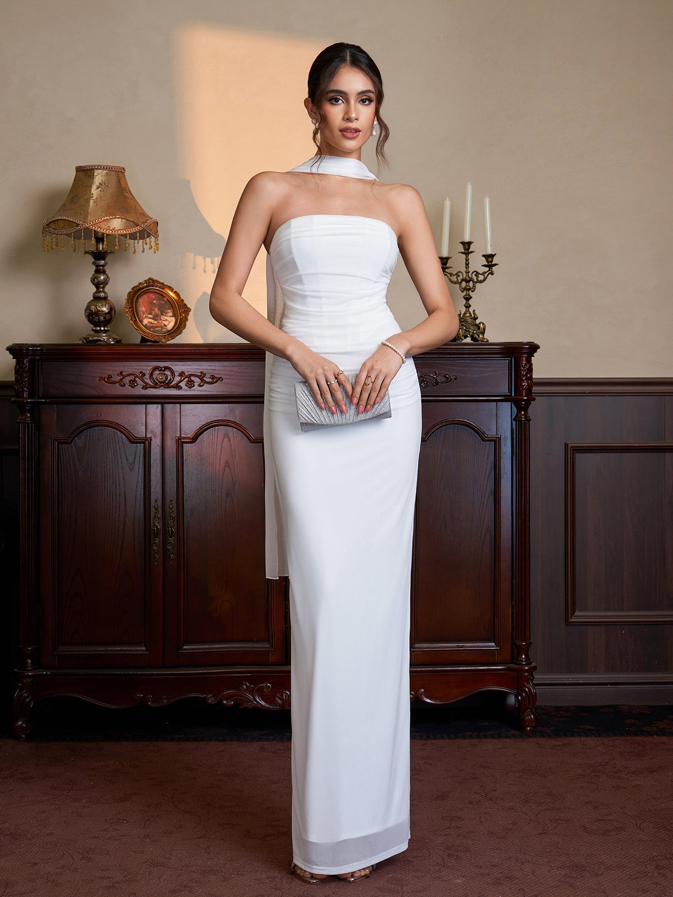 Hanging Neck Ribbon Ruched Split Tube Dress