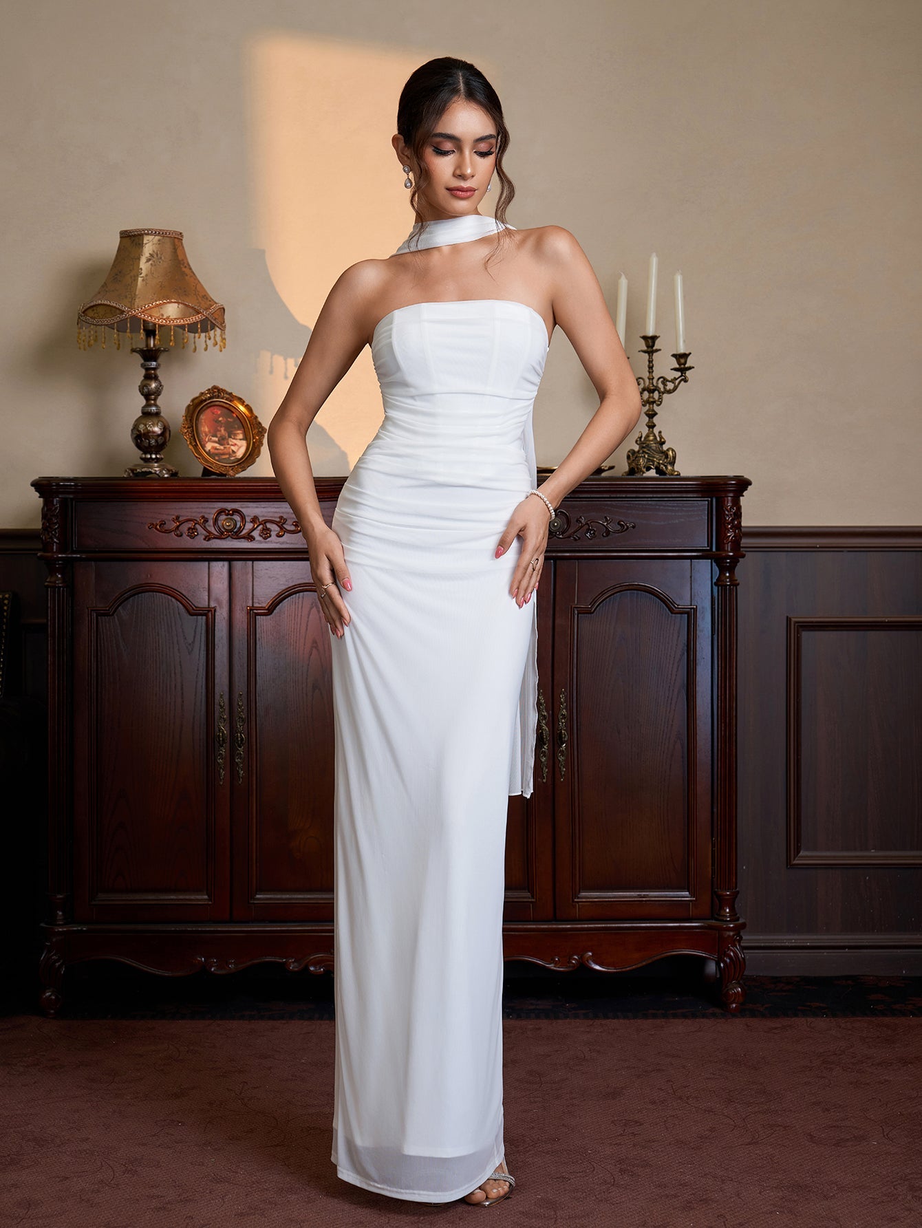 Hanging Neck Ribbon Ruched Split Tube Dress