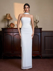 Hanging Neck Ribbon Ruched Split Tube Dress