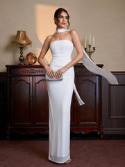 Hanging Neck Ribbon Ruched Split Tube Dress