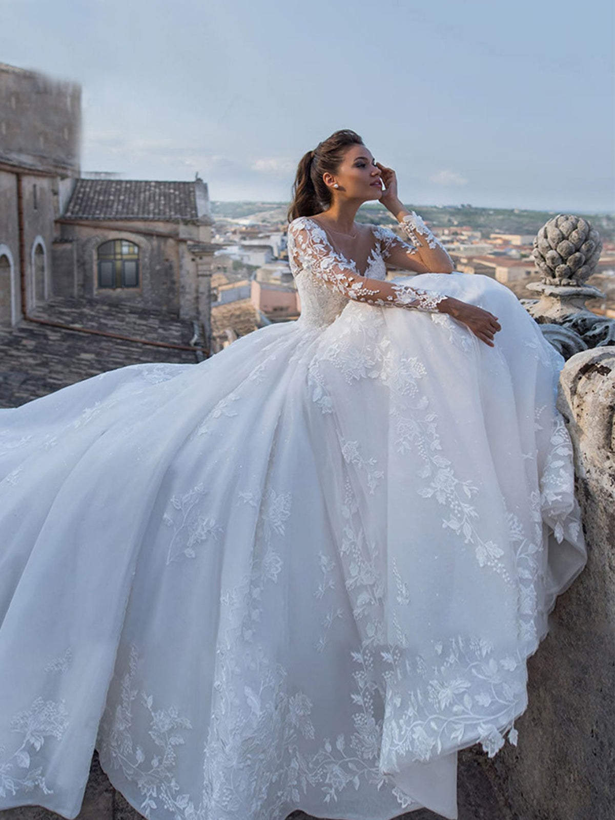 Jacquard Long Sleeve Lace Wedding Gown
