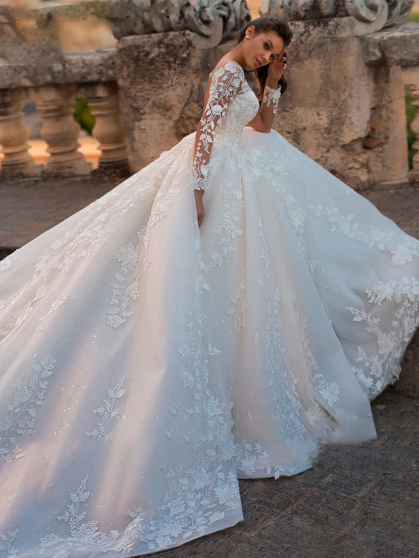 Jacquard Long Sleeve Lace Wedding Gown