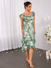 Lace Collar Floral Print Asymmetrical Hem Dress