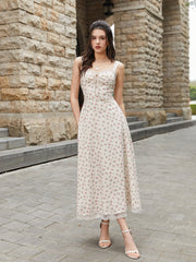 Lace Spliced Tie Front Floral Print Maxi Dress