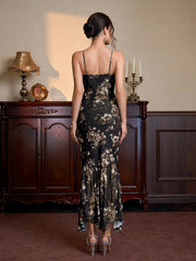 Lace Trim Asymmetrical Hem Floral Print Mesh Dress