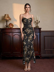 Lace Trim Asymmetrical Hem Floral Print Mesh Dress