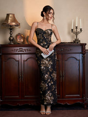Lace Trim Corset Floral Print Mesh Dress