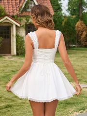 Lace Trim Crisscross Back Ruched Mini Dress